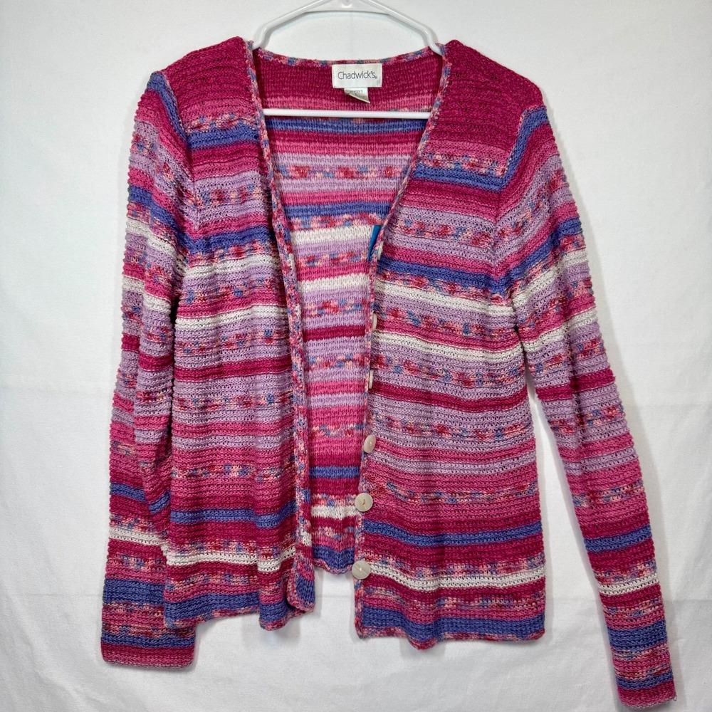 Chadwick's Women's Striped Knit Cardigan Sweater Button‎ Front Pink Purple Sz Lg